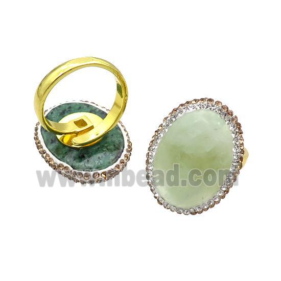 Green Jade Copper Ring Pave Rhinestone Adjustable Gold Plated
