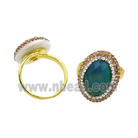 Green Crystal Glass Copper Ring Pave Rhinestone Adjustable Gold Plated