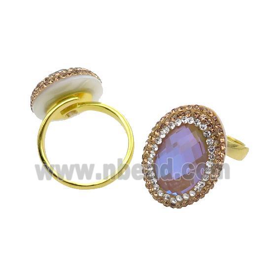 Peach Crystal Glass Copper Ring Pave Rhinestone Adjustable Gold Plated