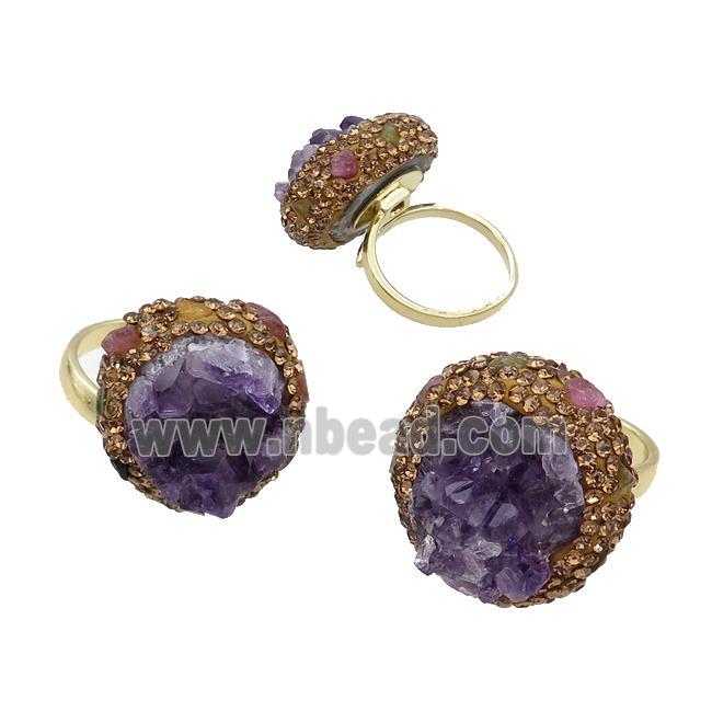 Amethyst Druzy Copper Ring Pave Rhinestone Adjustable Gold Plated