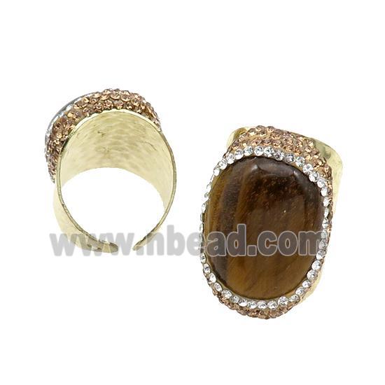 Tiger Eye Stone Copper Ring Pave Rhinestone Gold Plated