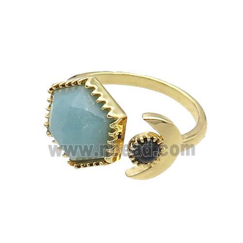 Blue Amazonite Copper Ring Hexagon Gold Plated