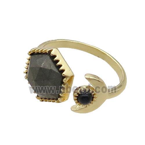 Pyrite Copper Ring Hexagon Gold Plated