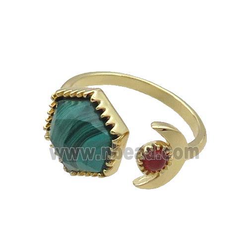 Natural Malachite Copper Ring Hexagon Gold Plated