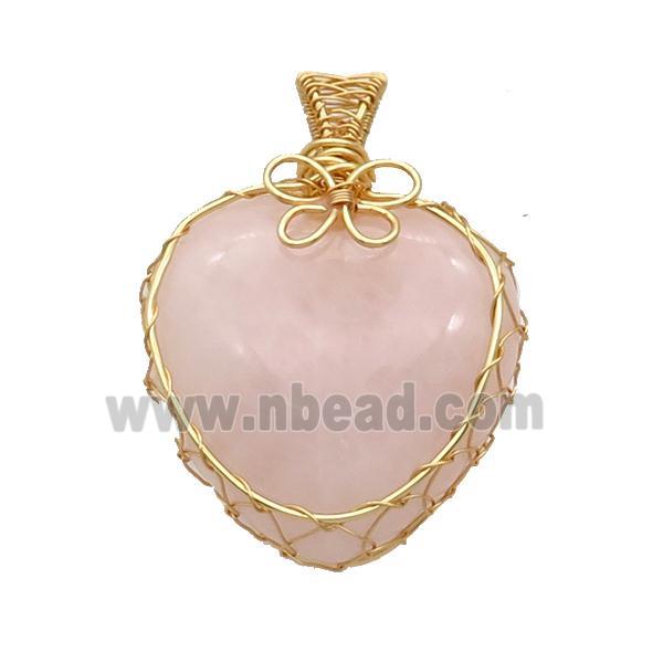 Pink Rose Quartz Heart Pendant Wire Wrapped