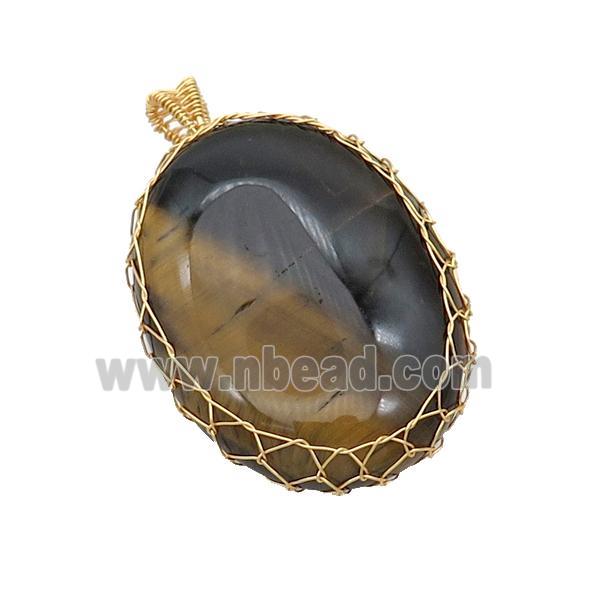 Natural Tiger Eye Stone Oval Pendant Wire Wrapped