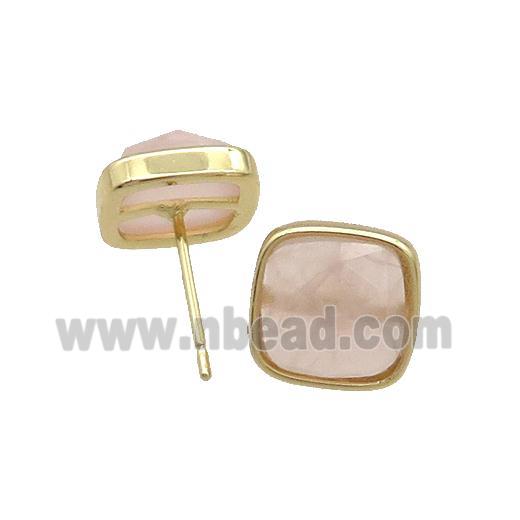 Copper Stud Earring Pave Rose Quartz Square Gold Plated
