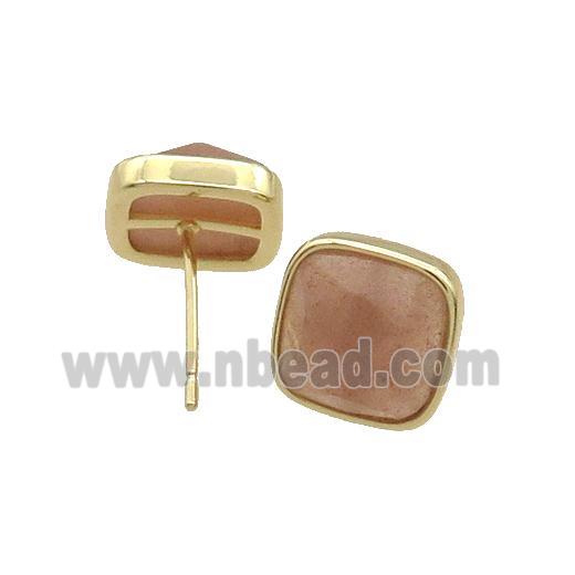 Copper Stud Earring Pave Peach Moonstoe Square Gold Plated