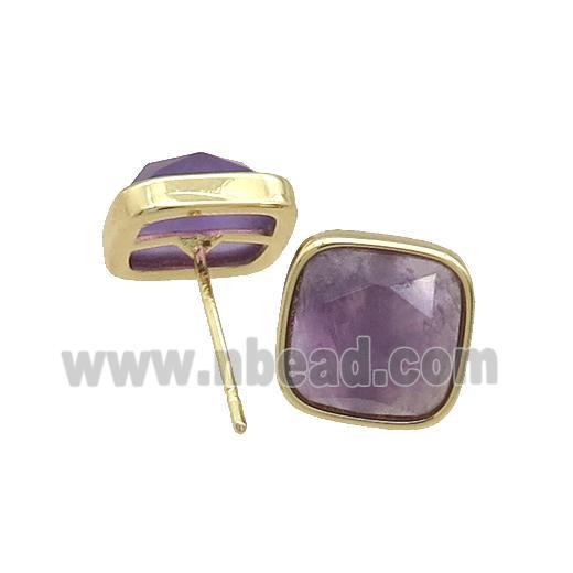 Copper Stud Earring Pave Purple Amethyst Square Gold Plated