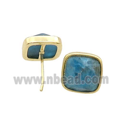 Copper Stud Earring Pave Blue Apatite Square Gold Plated