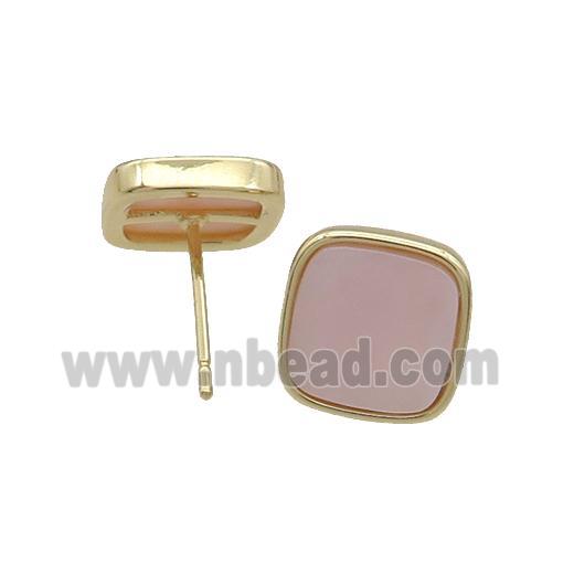 Copper Stud Earring Pave Pink Shell Square Gold Plated