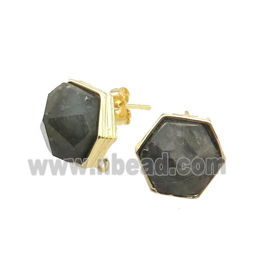Labradorite Hexagon Stud Earring Copper Gold Plated