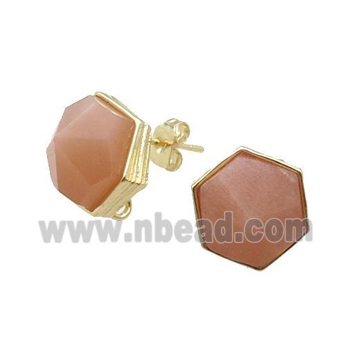 Peach Moonstone Hexagon Stud Earring Copper Gold Plated