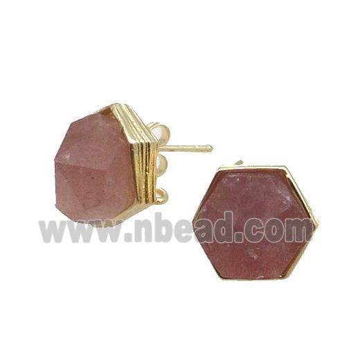 Pink Strawberry Quartz Hexagon Stud Earring Copper Gold Plated