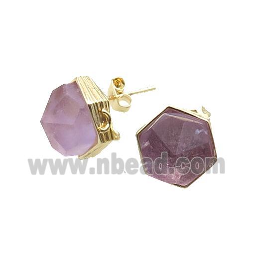 Purple Amethyst Hexagon Stud Earring Copper Gold Plated