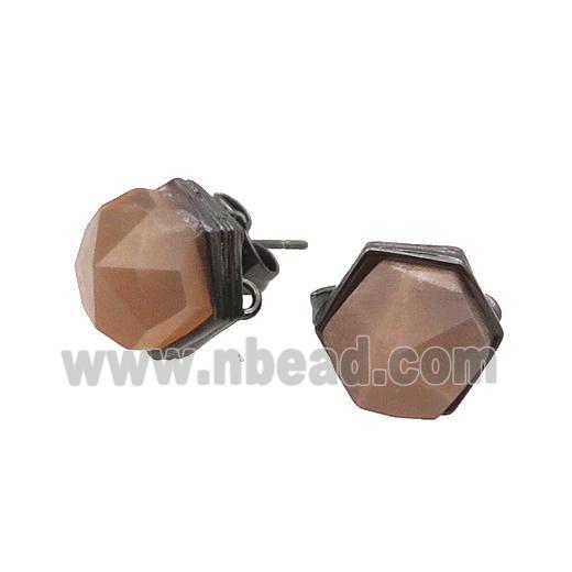 Peach Moonstone Hexagon Stud Earring Copper Black Plated