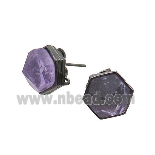 Purple Amethyst Hexagon Stud Earring Copper Black Plated