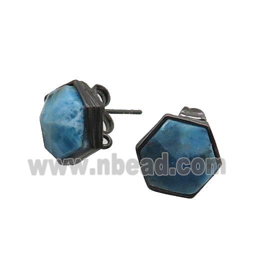 Blue Apatite Hexagon Stud Earring Copper Black Plated