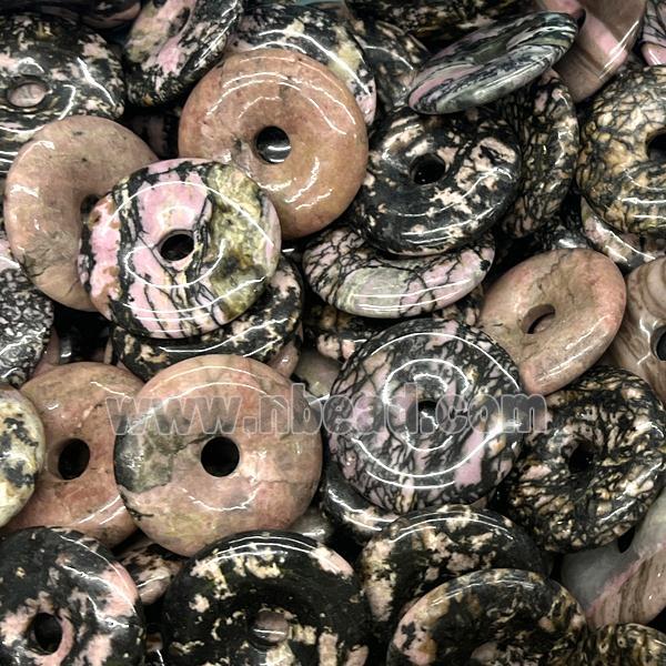 Natural Rhodonite Donut Pendant Pink Black