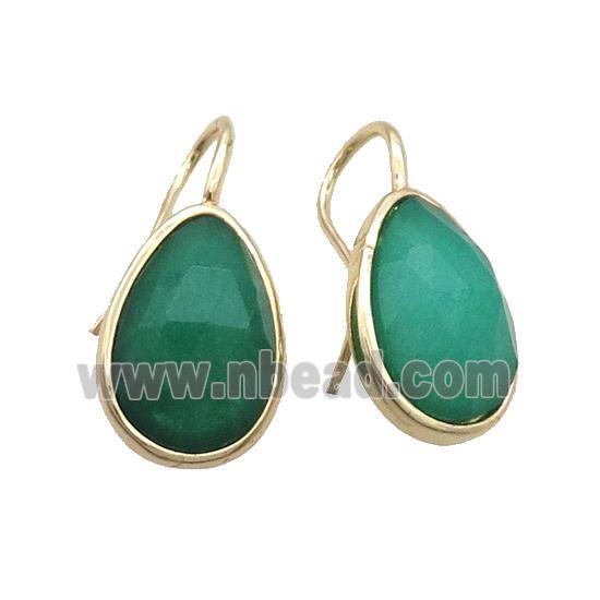 Copper Hook Earring Green Jade Teardrop Dye Gold Plated