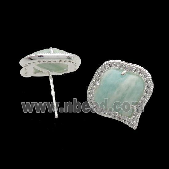 Amazonite Stud Earring Copper Pave Zircon Silver Plated