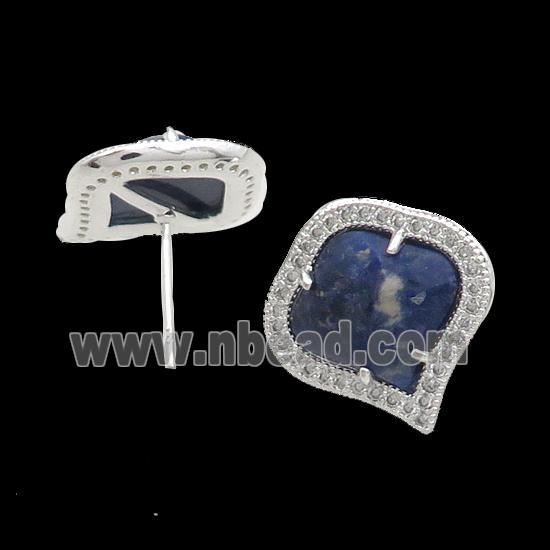 Blue Sodalite Stud Earring Copper Pave Zircon Silver Plated