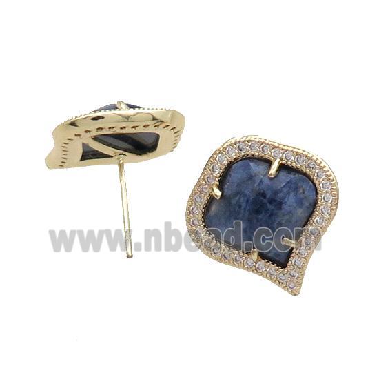 Blue Sodalite Stud Earring Copper Pave Zircon Gold Plated
