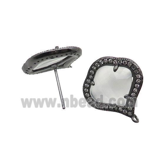 White Cat Eye Glass Stud Earring Copper Pave Zircon With Loop Black Plated