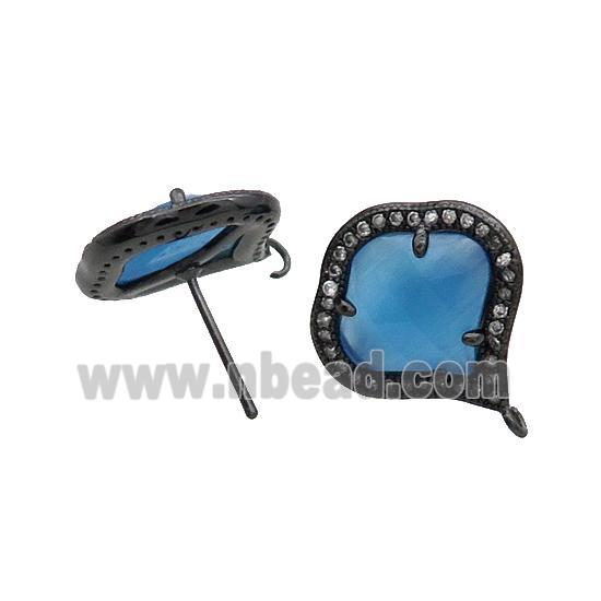 Blue Cat Eye Glass Stud Earring Copper Pave Zircon With Loop Black Plated