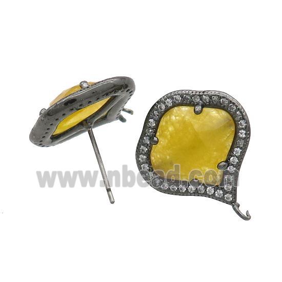 Gold Jade Stud Earring Copper Pave Zircon With Loop Black Plated