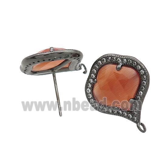 Red Cat Eye Glass Stud Earring Copper Pave Zircon With Loop Black Plated