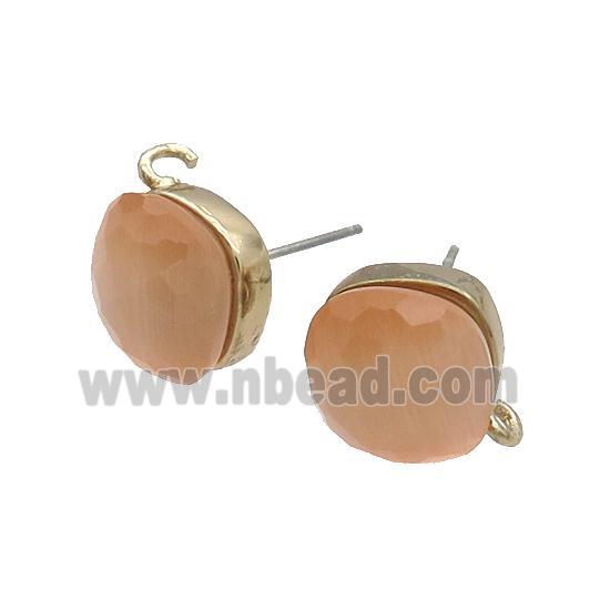 Peach Cat Eye Glass Stud Earring Copper Loop Gold Plated