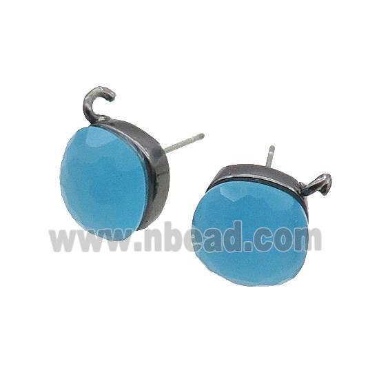 Blue Cat Eye Glass Stud Earring Copper Loop Black Plated