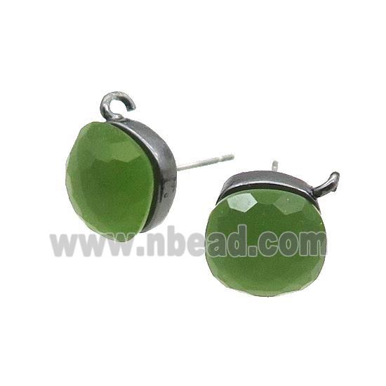 Green Cat Eye Glass Stud Earring Copper Loop Black Plated