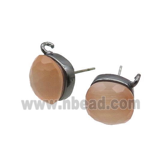 Peach Cat Eye Glass Stud Earring Copper Loop Black Plated