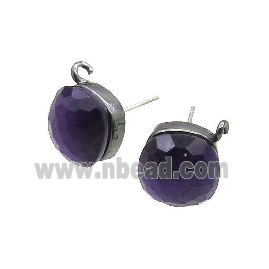Purple Cat Eye Glass Stud Earring Copper Loop Black Plated