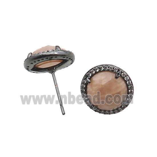 Peach Sunstone Stud Earring Copper Pave Zircon Circle Black Plated