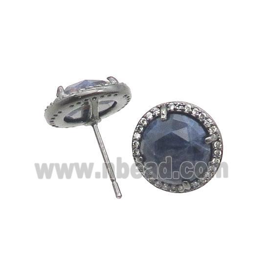 Blue Sodalite Stud Earring Copper Pave Zircon Circle Black Plated