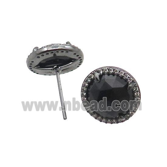 Black Cat Eye Glass Stud Earring Copper Pave Zircon Circle Black Plated