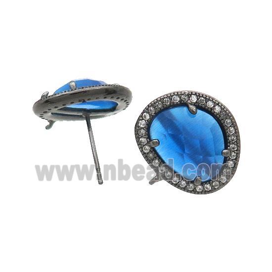 Blue Jade Stud Earring Copper Pave Zircon With Loop Black Plated