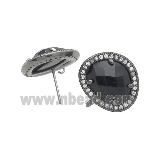 Black Cat Eye Glass Stud Earring Copper Pave Zircon With Loop Black Plated