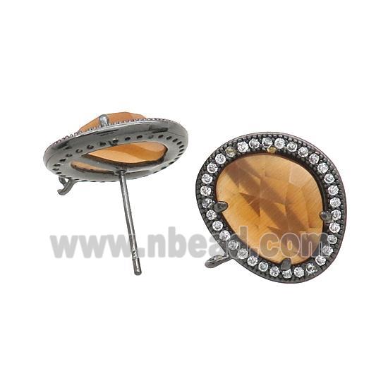 Orange Cat Eye Glass Stud Earring Copper Pave Zircon With Loop Black Plated