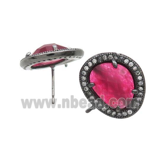 Red Jade Stud Earring Copper Pave Zircon With Loop Black Plated