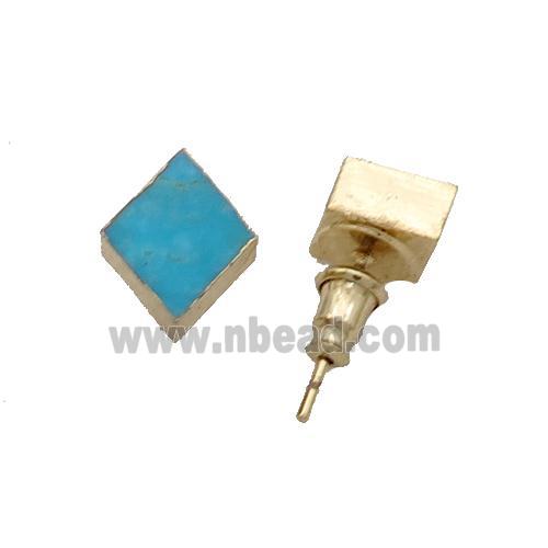 Blue Magnesite Turquoise Stud Earring Rhombis Gold Plated