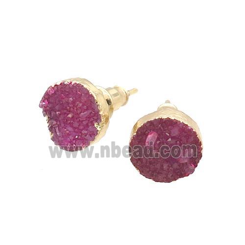 Pink Agate Druzy Stud Earring Circle Dye Gold Plated