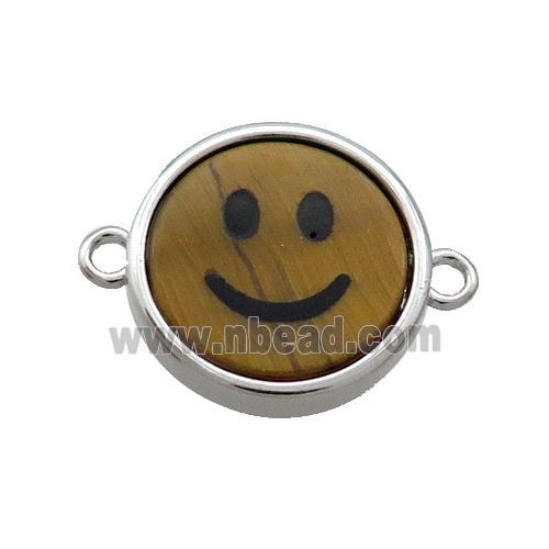 Tiger Eye Stone Emoji Connector Smileface Circle Platinum Plated