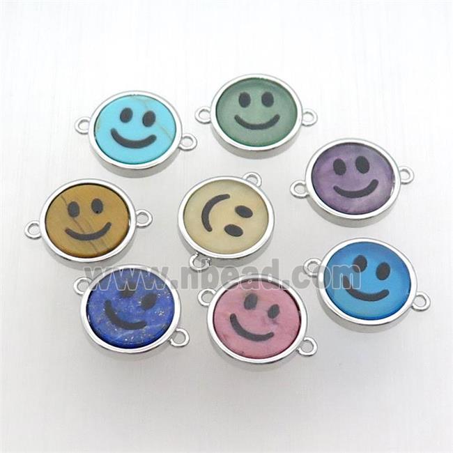 Mix Gemstone Emoji Connector Smileface Circle Platinum Plated