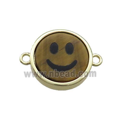 Tiger Eye Stone Emoji Connector Smileface Circle Gold Plated