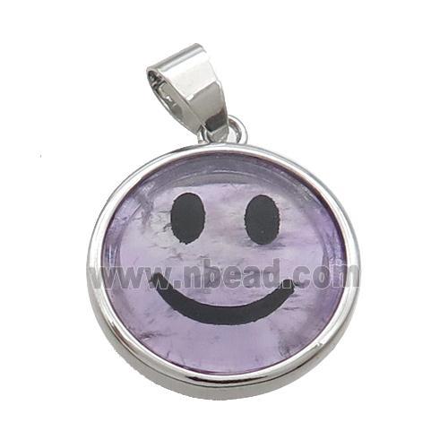 Purple Amethyst Emoji Pendant Smileface Circle Platinum Plated