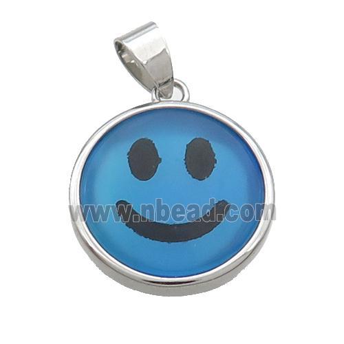 Blue Dye Agate Emoji Pendant Smileface Circle Platinum Plated
